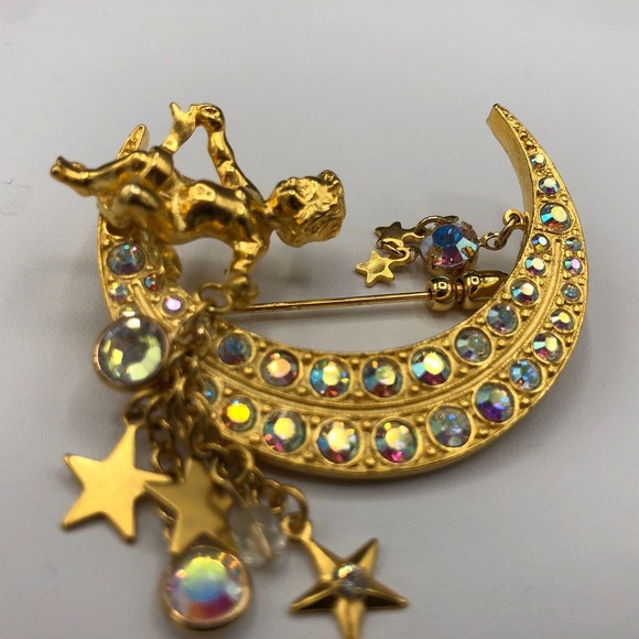 Kirks Folly Brooch Cherub Riding AB Moon Star Charms Vintage Boxed Gold Tone Pin - Picture 8 of 12